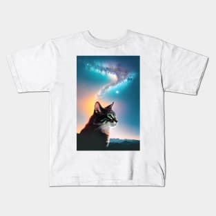 Galaxy Cat Double Exposure - Modern Digital Art Kids T-Shirt